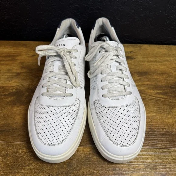 Cole Haan Grand Crosscourt White Leather Sneakers Mens 10.5 M C33987 Navy Trim - Picture 2 of 7